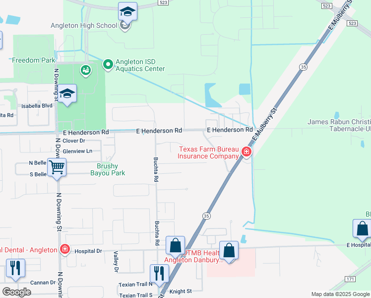map of restaurants, bars, coffee shops, grocery stores, and more near 201 La Laja Drive in Angleton