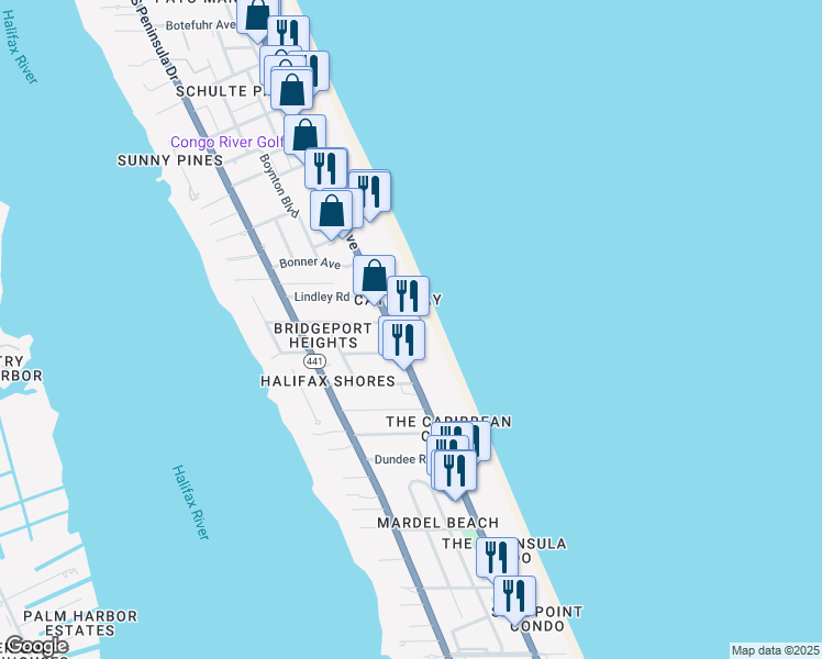 map of restaurants, bars, coffee shops, grocery stores, and more near 2301 South Atlantic Avenue in Daytona Beach Shores