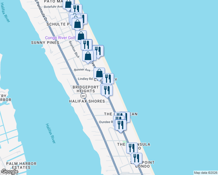 map of restaurants, bars, coffee shops, grocery stores, and more near in Daytona Beach Shores
