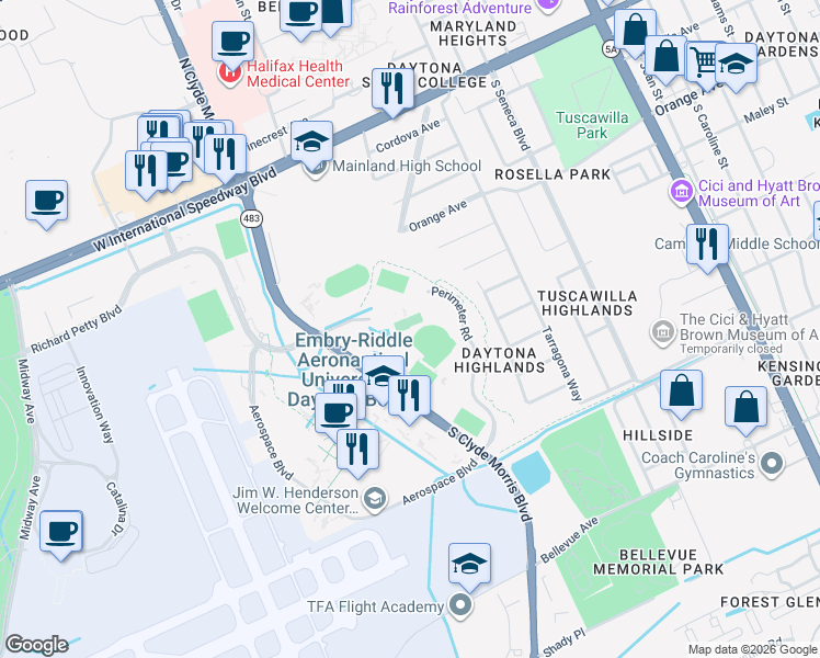 map of restaurants, bars, coffee shops, grocery stores, and more near Perimeter Road in Daytona Beach