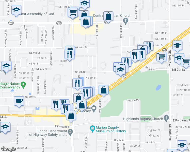 map of restaurants, bars, coffee shops, grocery stores, and more near 2723 Northeast 6th Street in Ocala