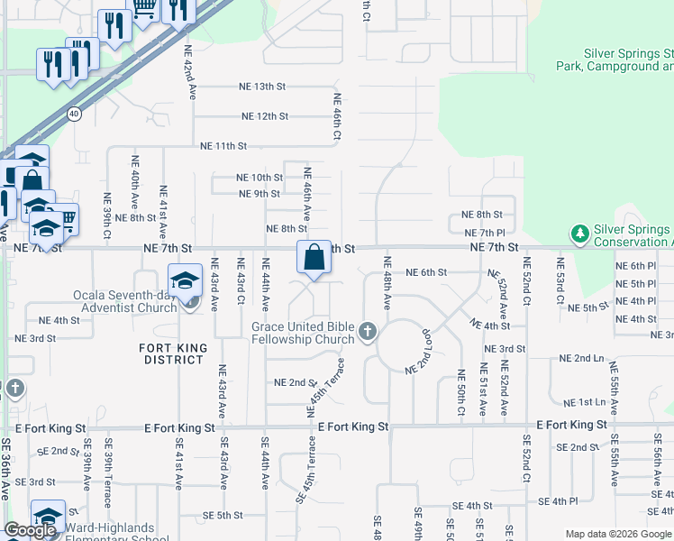 map of restaurants, bars, coffee shops, grocery stores, and more near 4642 Northeast 7th Street in Ocala