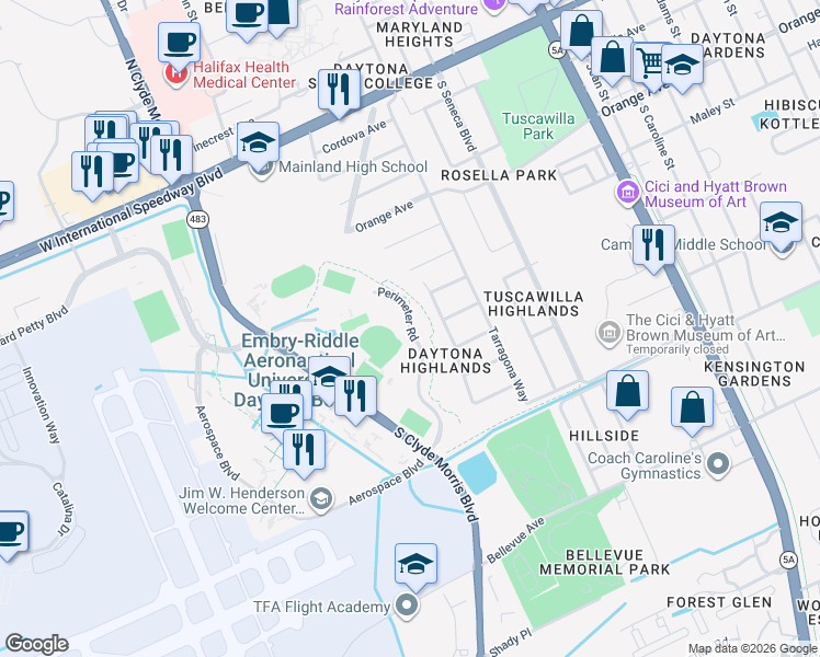 map of restaurants, bars, coffee shops, grocery stores, and more near Perimeter Road in Daytona Beach