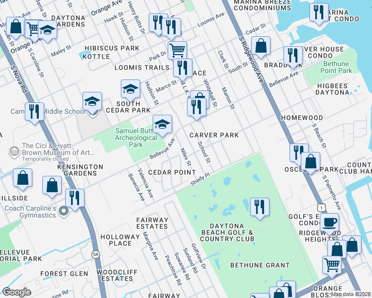 map of restaurants, bars, coffee shops, grocery stores, and more near 839 Niles Street in Daytona Beach