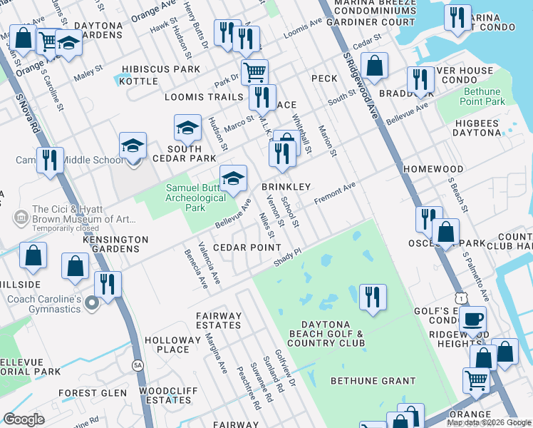 map of restaurants, bars, coffee shops, grocery stores, and more near 839 Niles Street in Daytona Beach
