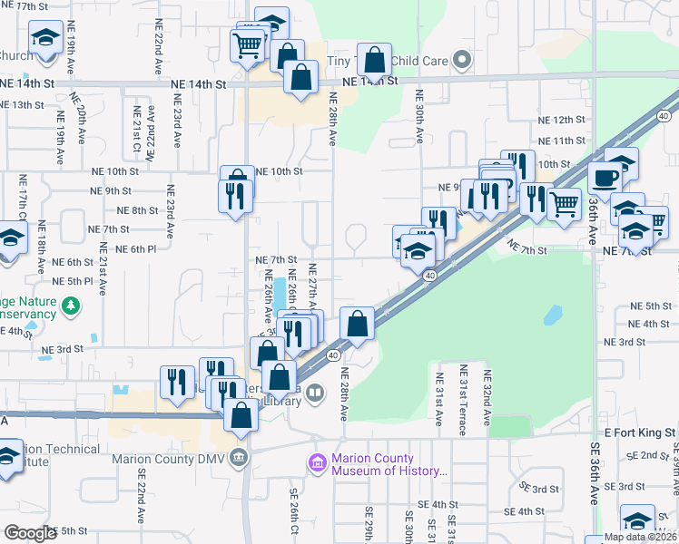 map of restaurants, bars, coffee shops, grocery stores, and more near 2723 Northeast 6th Street in Ocala