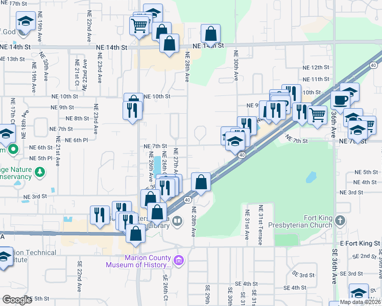 map of restaurants, bars, coffee shops, grocery stores, and more near 2723 Northeast 6th Street in Ocala