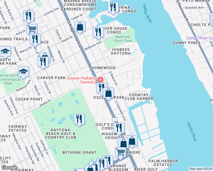 map of restaurants, bars, coffee shops, grocery stores, and more near 207 Francis Parkman Place in Daytona Beach