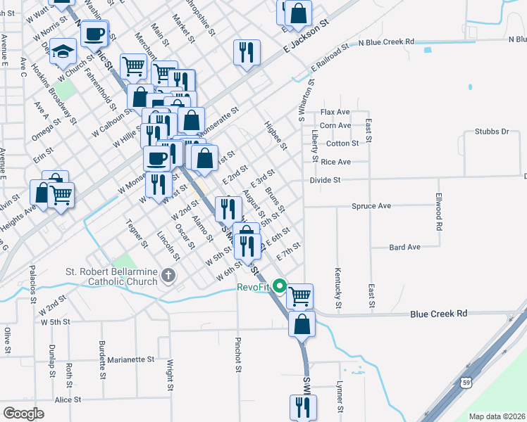 map of restaurants, bars, coffee shops, grocery stores, and more near 505 August Street in El Campo