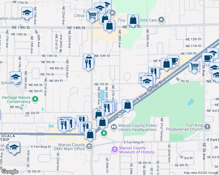 map of restaurants, bars, coffee shops, grocery stores, and more near 661 Northeast 26th Court in Ocala