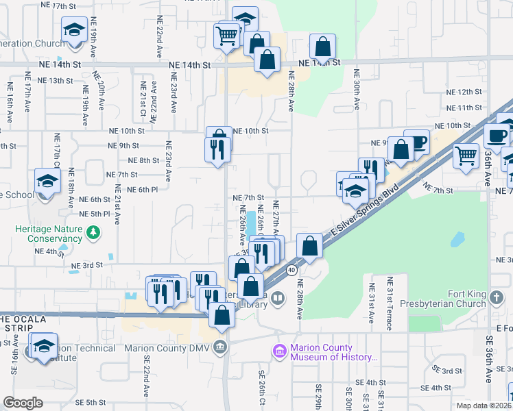 map of restaurants, bars, coffee shops, grocery stores, and more near 622 Northeast 26th Court in Ocala