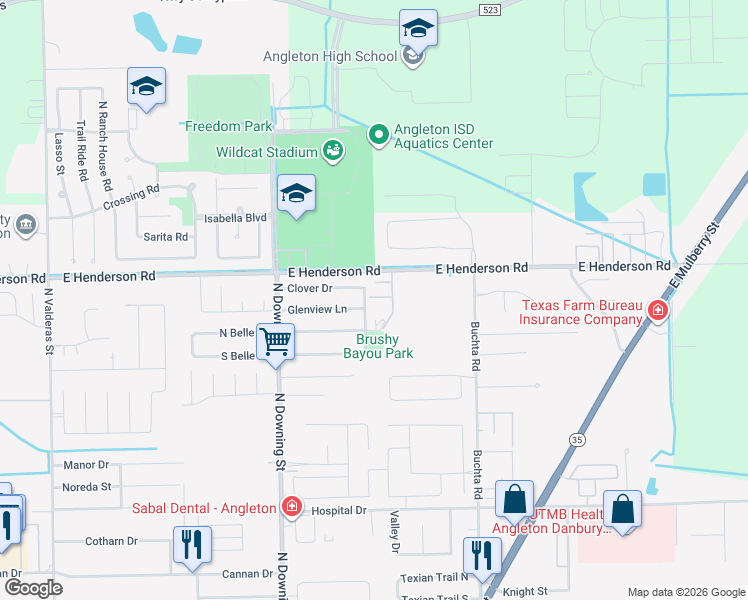 map of restaurants, bars, coffee shops, grocery stores, and more near 1400 East Henderson Road in Angleton