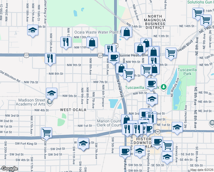 map of restaurants, bars, coffee shops, grocery stores, and more near 626 Northwest 6th Avenue in Ocala