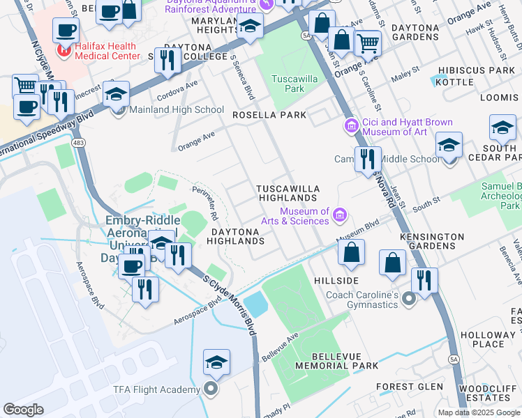 map of restaurants, bars, coffee shops, grocery stores, and more near 510 Tarragona Way in Daytona Beach