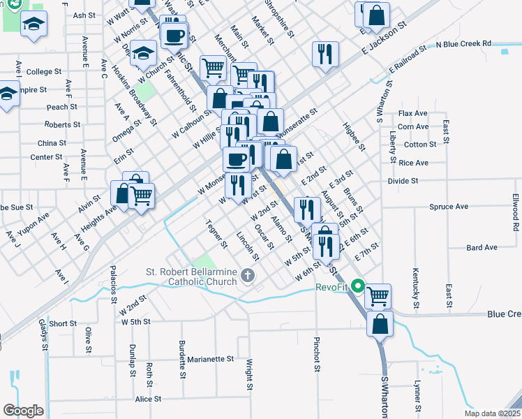 map of restaurants, bars, coffee shops, grocery stores, and more near 212 Alamo Street in El Campo