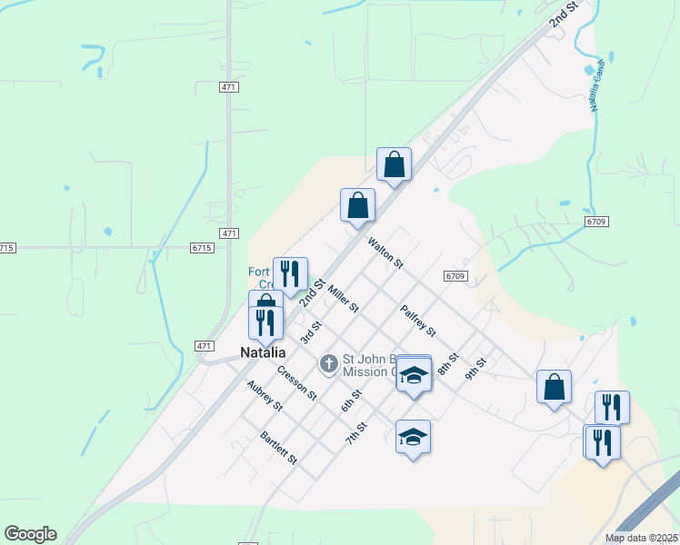 map of restaurants, bars, coffee shops, grocery stores, and more near 2048 Texas 132 in Natalia