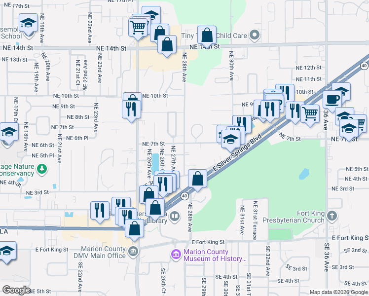 map of restaurants, bars, coffee shops, grocery stores, and more near 623 Northeast 27th Avenue in Ocala