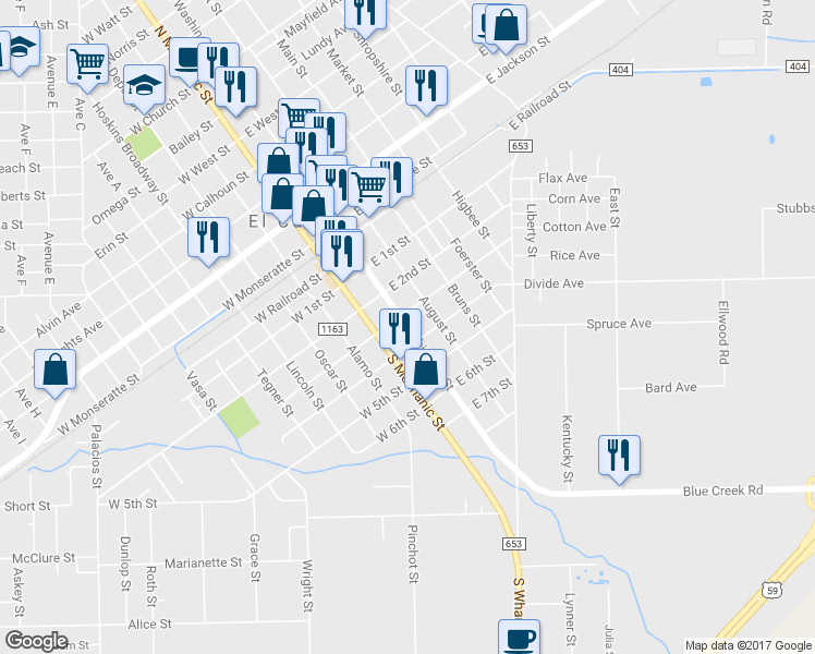 map of restaurants, bars, coffee shops, grocery stores, and more near 406 South Washington Street in El Campo