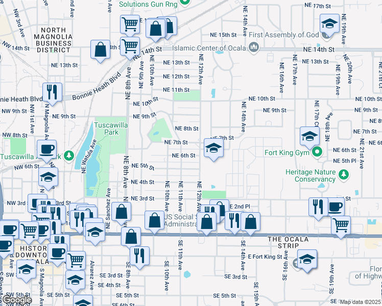 map of restaurants, bars, coffee shops, grocery stores, and more near 1129 Northeast 6th Street in Ocala