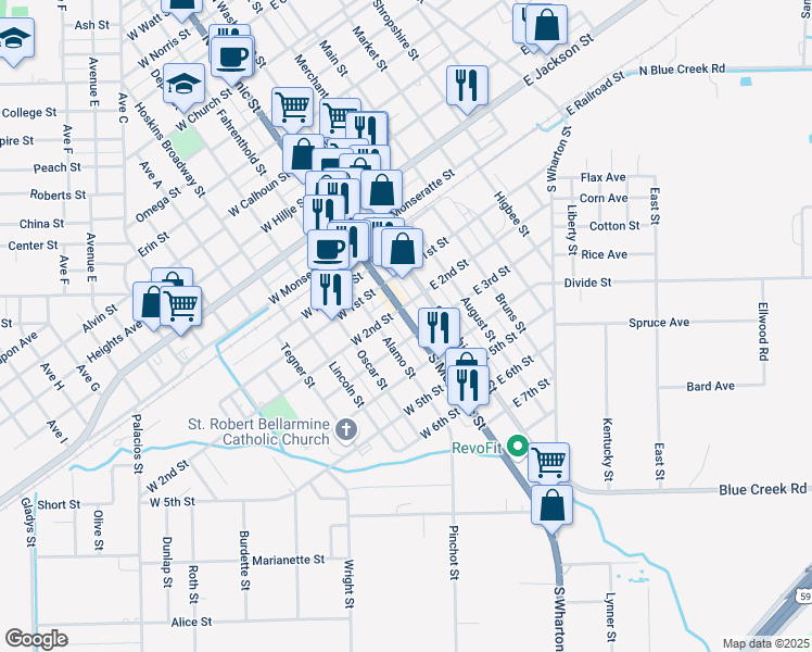 map of restaurants, bars, coffee shops, grocery stores, and more near 308 South Mechanic Street in El Campo