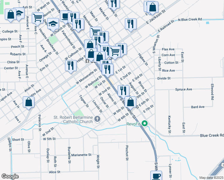 map of restaurants, bars, coffee shops, grocery stores, and more near 308 South Mechanic Street in El Campo