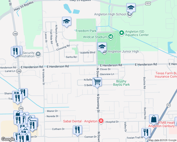 map of restaurants, bars, coffee shops, grocery stores, and more near 4 Wisteria Ct in Angleton