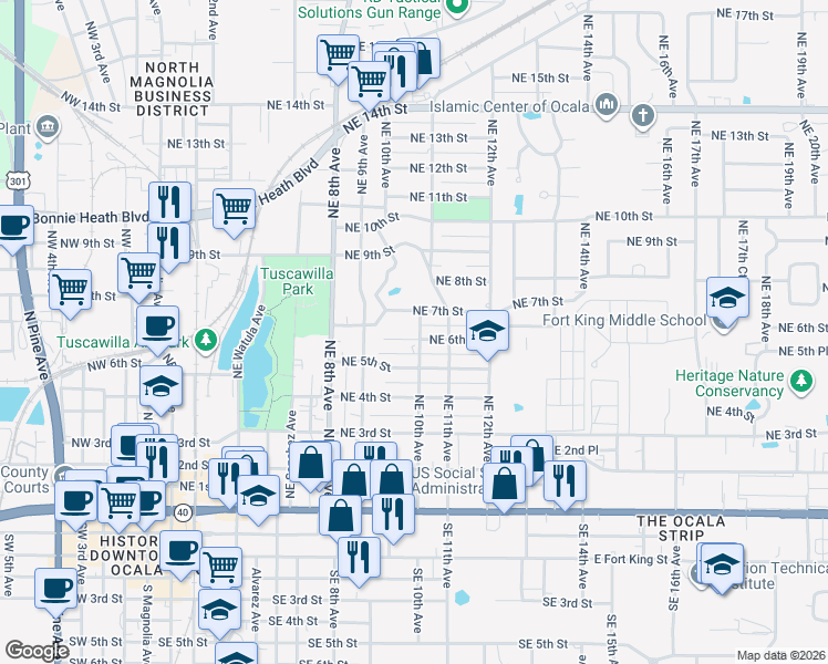 map of restaurants, bars, coffee shops, grocery stores, and more near 961 Northeast 6th Street in Ocala