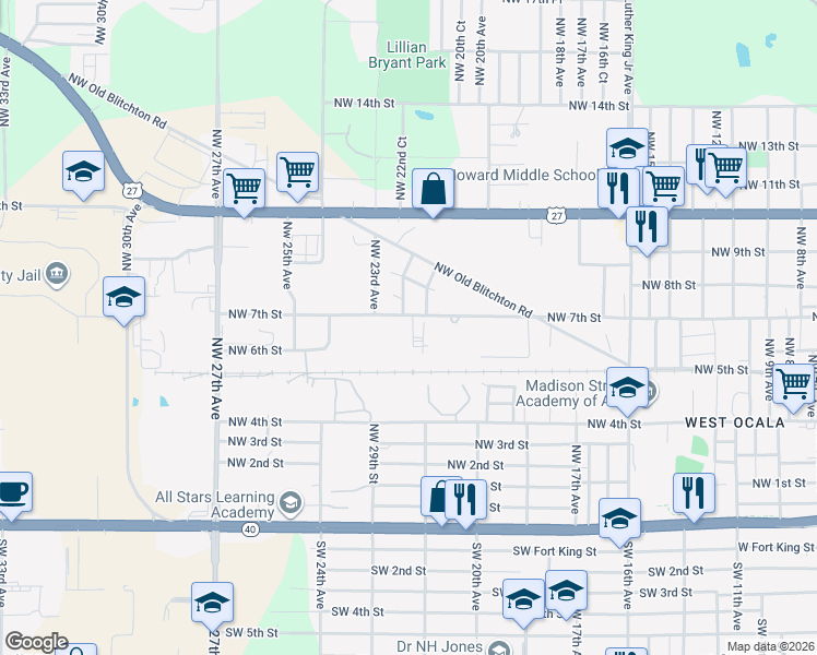 map of restaurants, bars, coffee shops, grocery stores, and more near 2200 Northwest 7th Street in Ocala