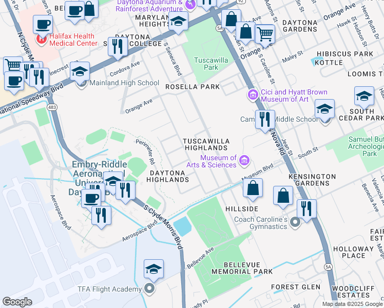 map of restaurants, bars, coffee shops, grocery stores, and more near 510 Tarragona Way in Daytona Beach