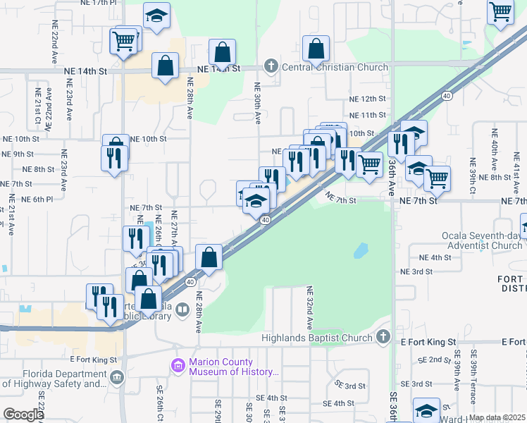 map of restaurants, bars, coffee shops, grocery stores, and more near 3001 East Silver Springs Boulevard in Ocala