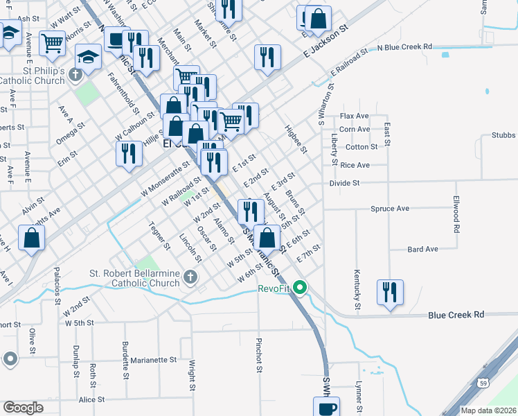 map of restaurants, bars, coffee shops, grocery stores, and more near 406 South Washington Street in El Campo