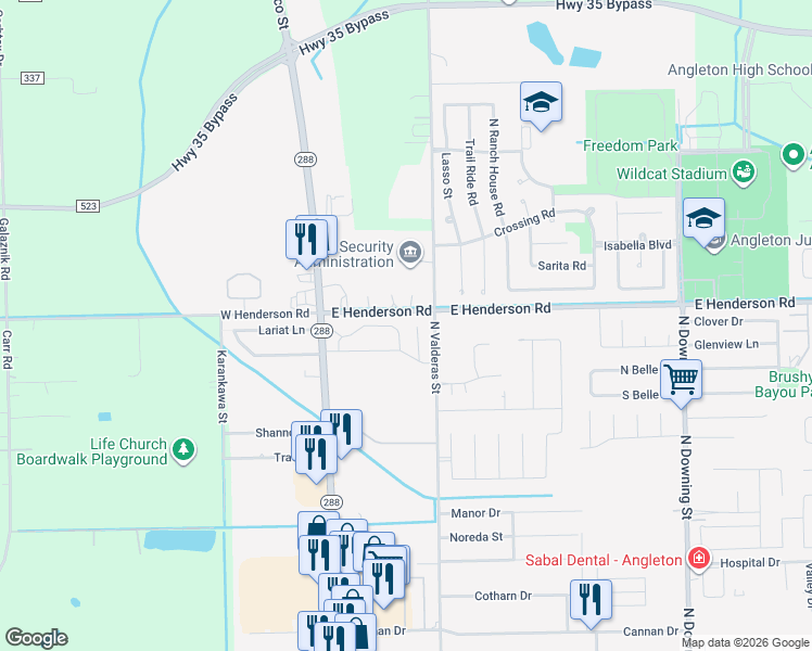map of restaurants, bars, coffee shops, grocery stores, and more near 7 Pine View Drive in Angleton