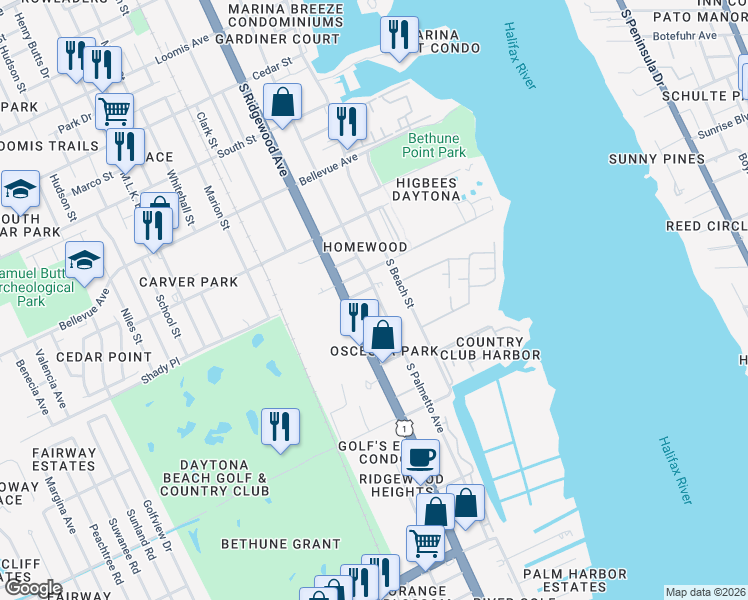 map of restaurants, bars, coffee shops, grocery stores, and more near 207 Francis Parkman Place in Daytona Beach