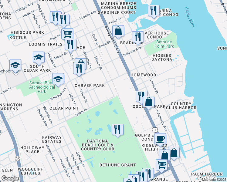 map of restaurants, bars, coffee shops, grocery stores, and more near 941 Marion Street in Daytona Beach