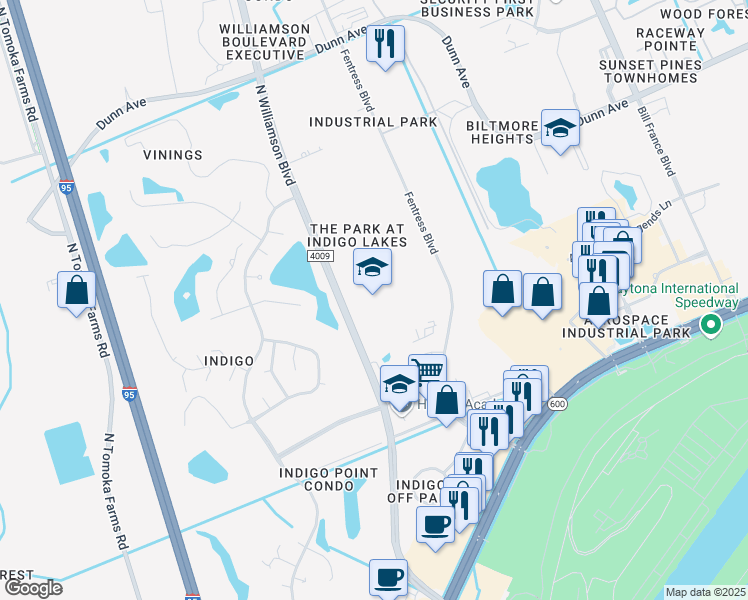 map of restaurants, bars, coffee shops, grocery stores, and more near 401 North Williamson Boulevard in Daytona Beach
