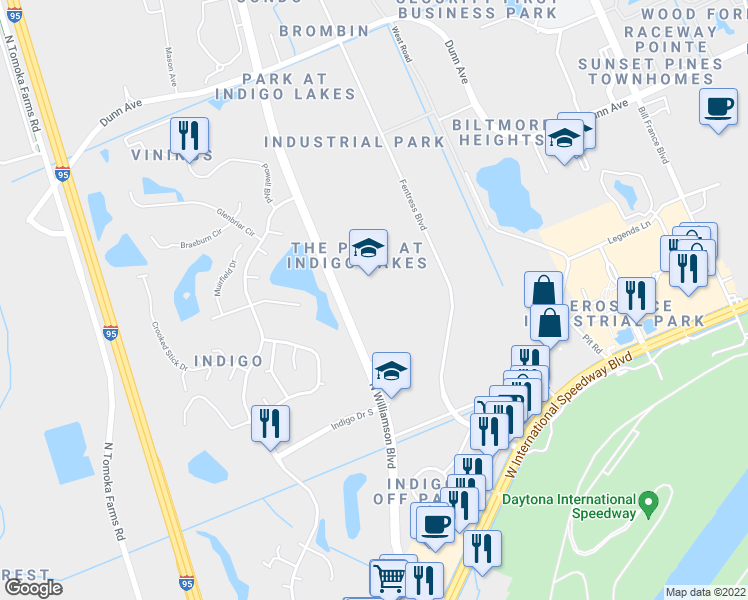 map of restaurants, bars, coffee shops, grocery stores, and more near 401 North Williamson Boulevard in Daytona Beach