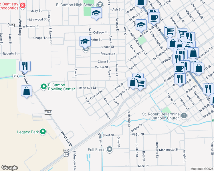 map of restaurants, bars, coffee shops, grocery stores, and more near 502 Avenue G in El Campo
