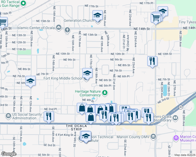 map of restaurants, bars, coffee shops, grocery stores, and more near 1809 Northeast 6th Street in Ocala