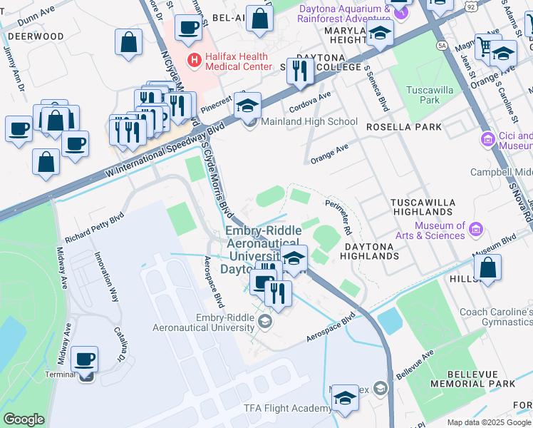 map of restaurants, bars, coffee shops, grocery stores, and more near 501 South Clyde Morris Boulevard in Daytona Beach