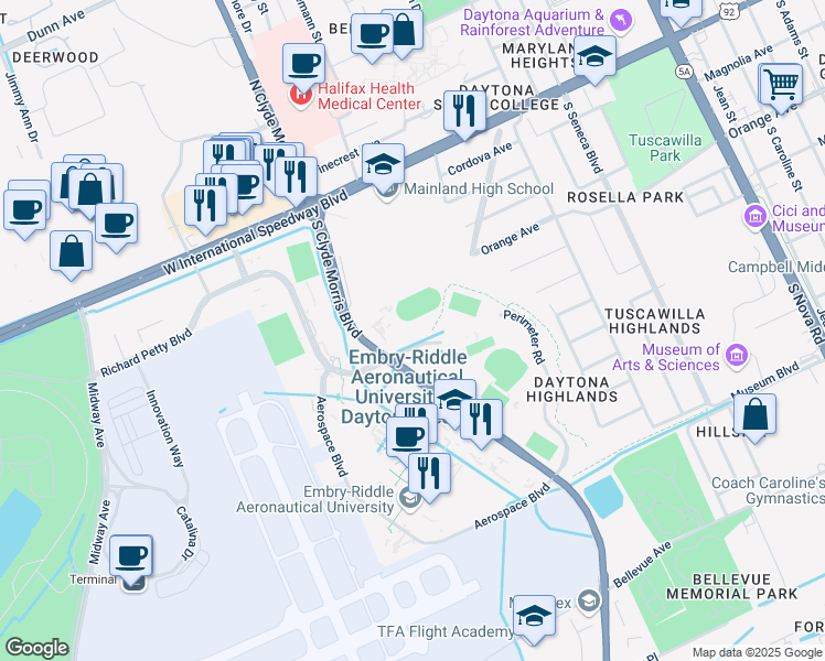 map of restaurants, bars, coffee shops, grocery stores, and more near 501 South Clyde Morris Boulevard in Daytona Beach