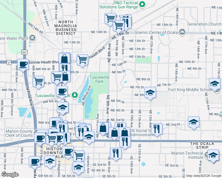 map of restaurants, bars, coffee shops, grocery stores, and more near 527 Northeast 8th Avenue in Ocala