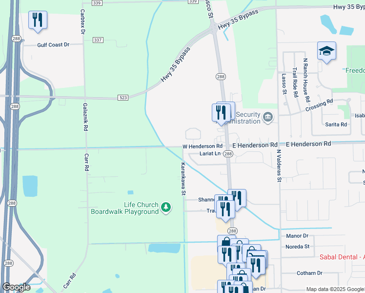 map of restaurants, bars, coffee shops, grocery stores, and more near 305 West Henderson Road in Angleton