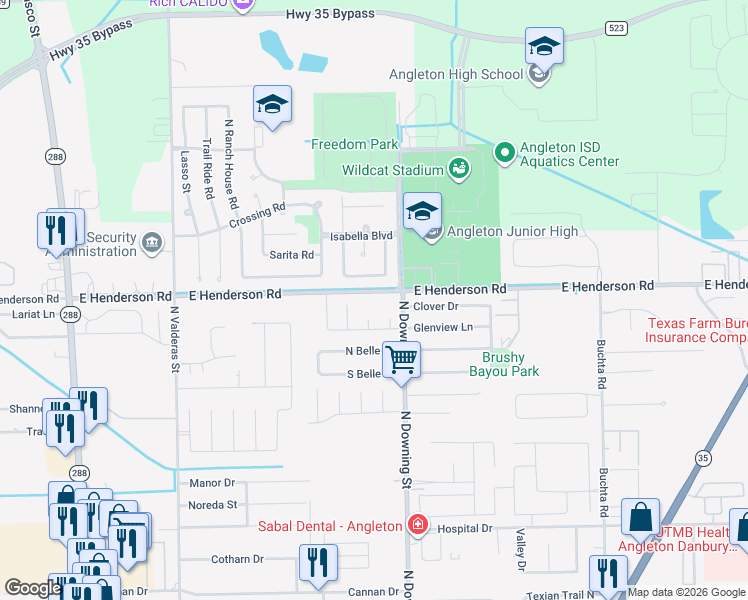 map of restaurants, bars, coffee shops, grocery stores, and more near 4 Wisteria Court in Angleton