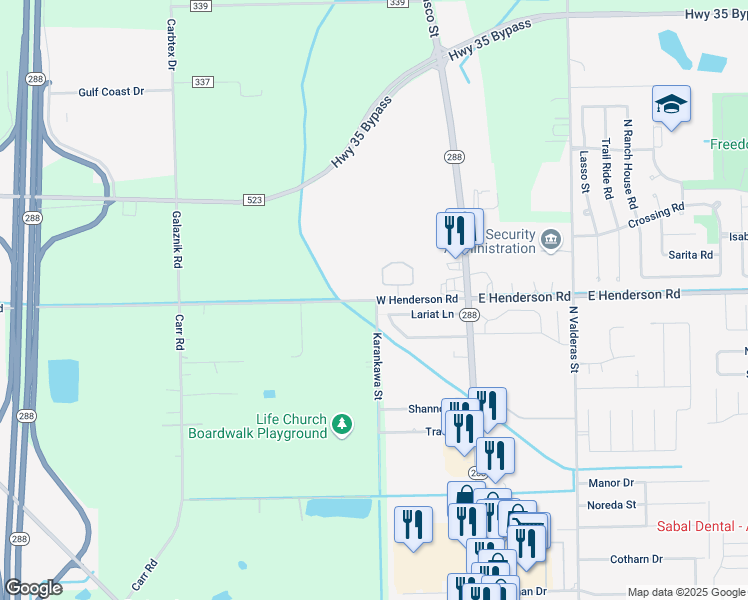 map of restaurants, bars, coffee shops, grocery stores, and more near 312 West Henderson Road in Angleton