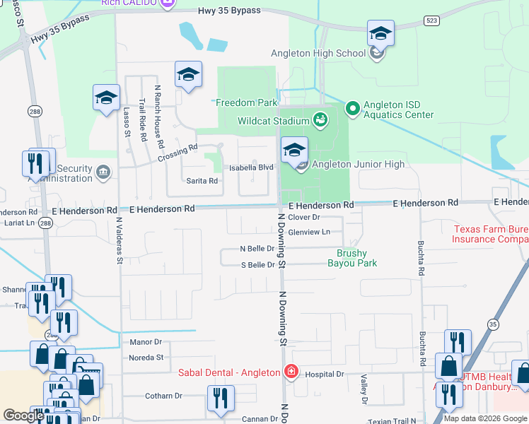 map of restaurants, bars, coffee shops, grocery stores, and more near 4 Wisteria Court in Angleton