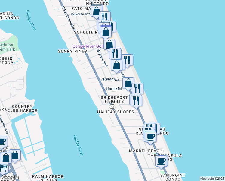 map of restaurants, bars, coffee shops, grocery stores, and more near 126 Lindley Road in Daytona Beach
