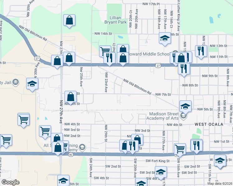 map of restaurants, bars, coffee shops, grocery stores, and more near 2200-2248 Northwest 7th Street in Ocala