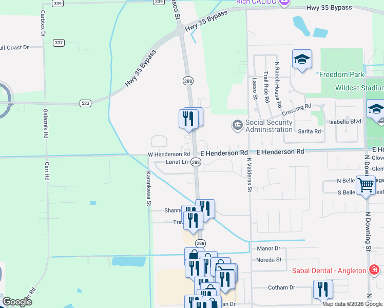 map of restaurants, bars, coffee shops, grocery stores, and more near 105 Lariat Lane in Angleton