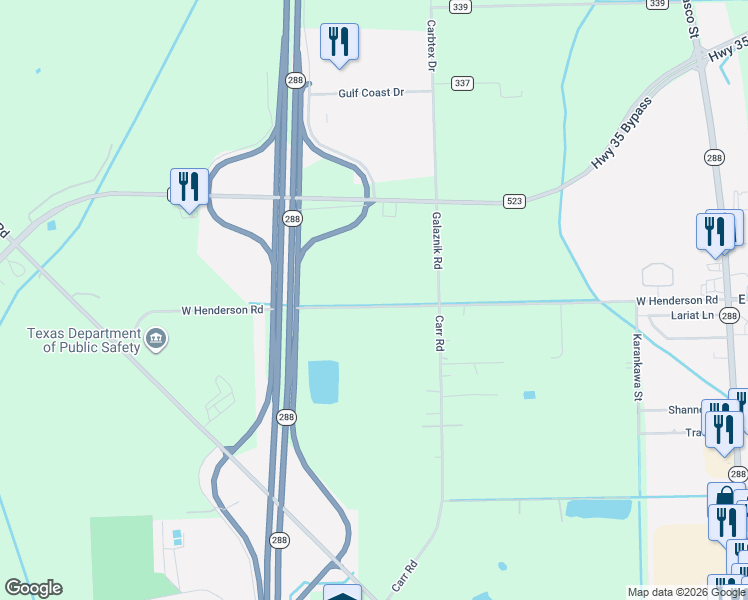 map of restaurants, bars, coffee shops, grocery stores, and more near 1301-1599 W County Road 341 in Angleton
