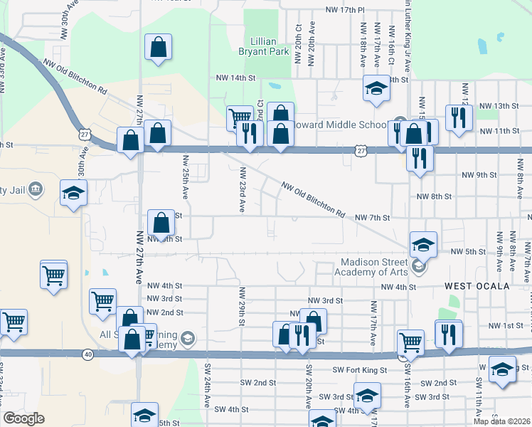 map of restaurants, bars, coffee shops, grocery stores, and more near 2200-2248 Northwest 7th Street in Ocala